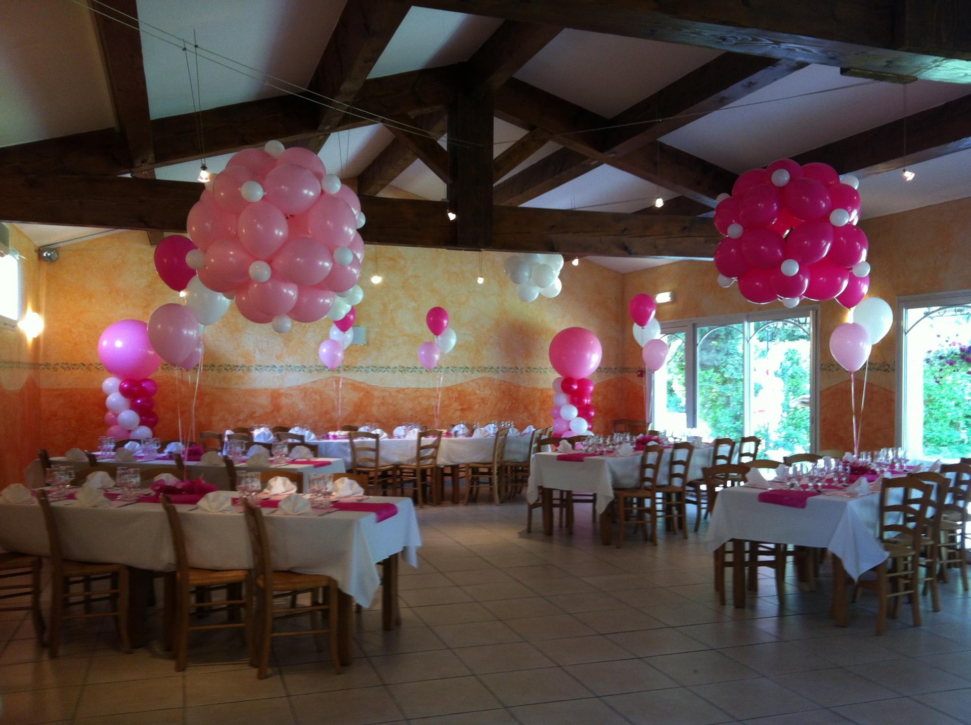 Décoration Ballons Baptême : blanc, rose et fuchsia.